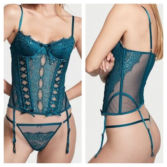 Victoria's Secret Dream Angels Wicked  Unlined Lace up Corset Bra Top Teal Small - Picture 1 of 7